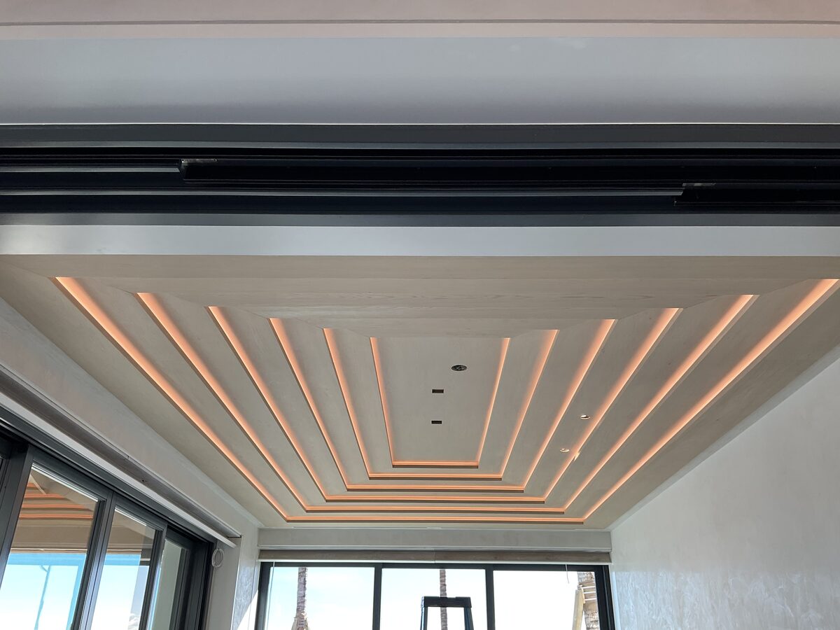 LED-lit tray ceiling, custom finish detail