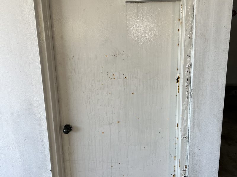 Door before refinishing, weathered surface and dated finish
