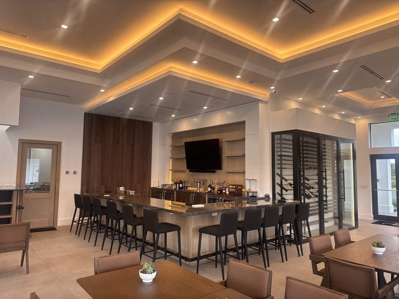 Country club bar interior, wood paneling and custom finish