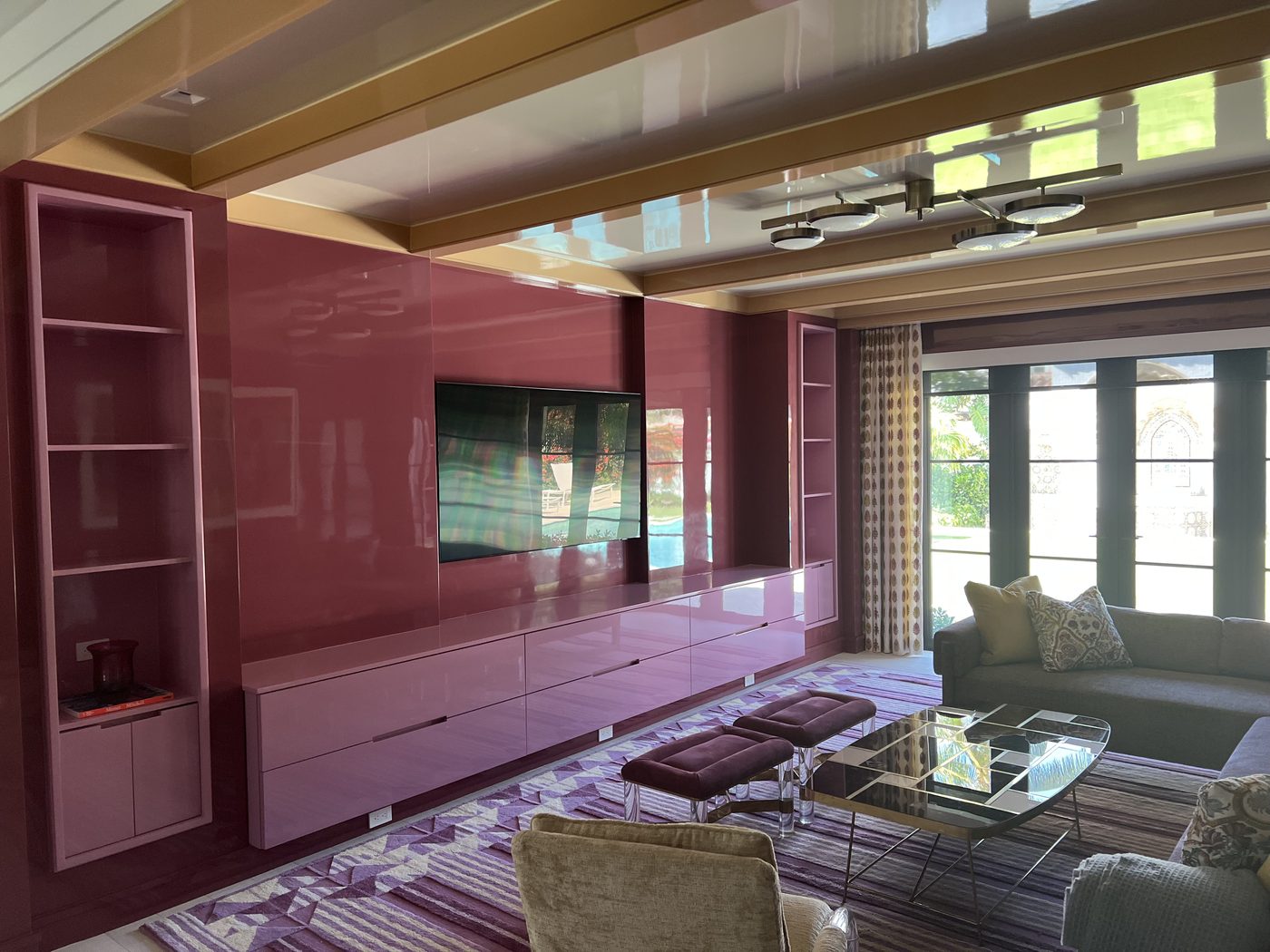 Country club lounge with burgundy paneling, luxury interior