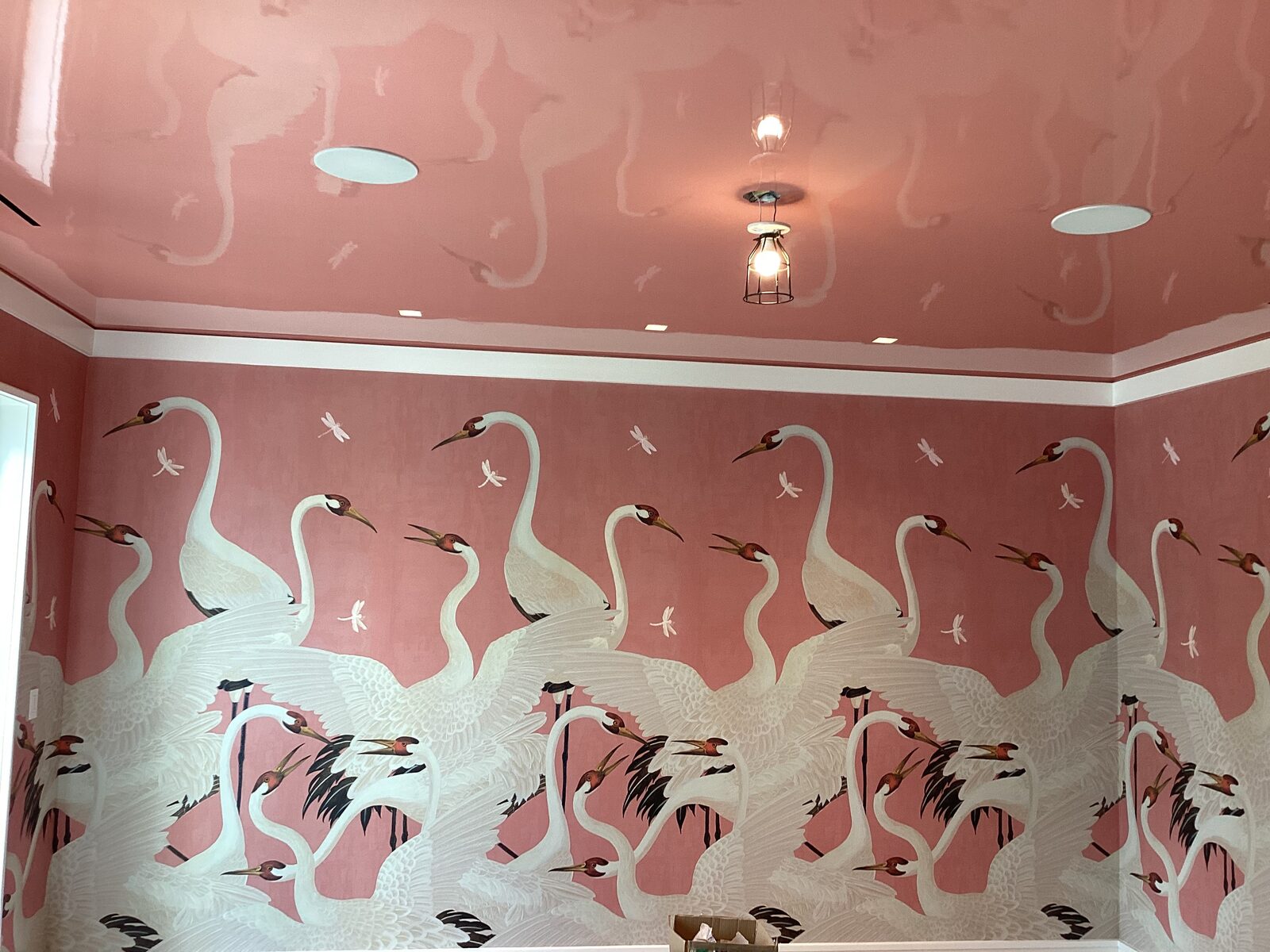 Close detail of the crane mural wall meeting the lacquered rose ceiling