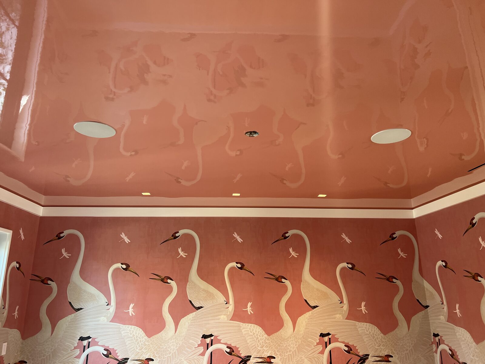 High-gloss rose lacquer ceiling reflecting recessed lights, hand-buffed finish